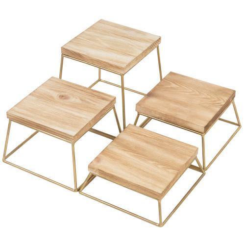 Burnt Wood & Gold Metal Square Display Risers/Pizza Stands, Set of 4 - Mygiftss