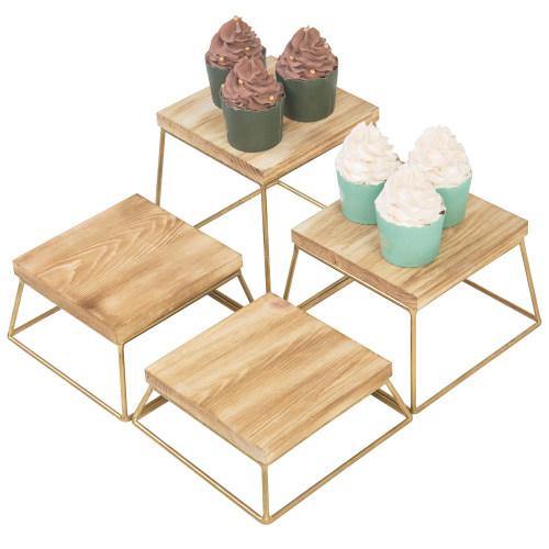 Burnt Wood & Gold Metal Square Display Risers/Pizza Stands, Set of 4 - Mygiftss