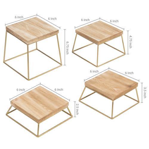 Burnt Wood & Gold Metal Square Display Risers/Pizza Stands, Set of 4 - Mygiftss