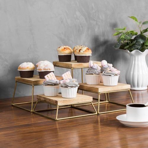 Burnt Wood & Gold Metal Square Display Risers/Pizza Stands, Set of 4 - Mygiftss