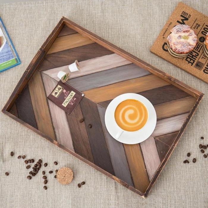 Rustic Chevron Rectangular Wood Breakfast Serving Tray with Cutout Handles - 16 x 12-Inch - Mygiftss Enterprise LLC
