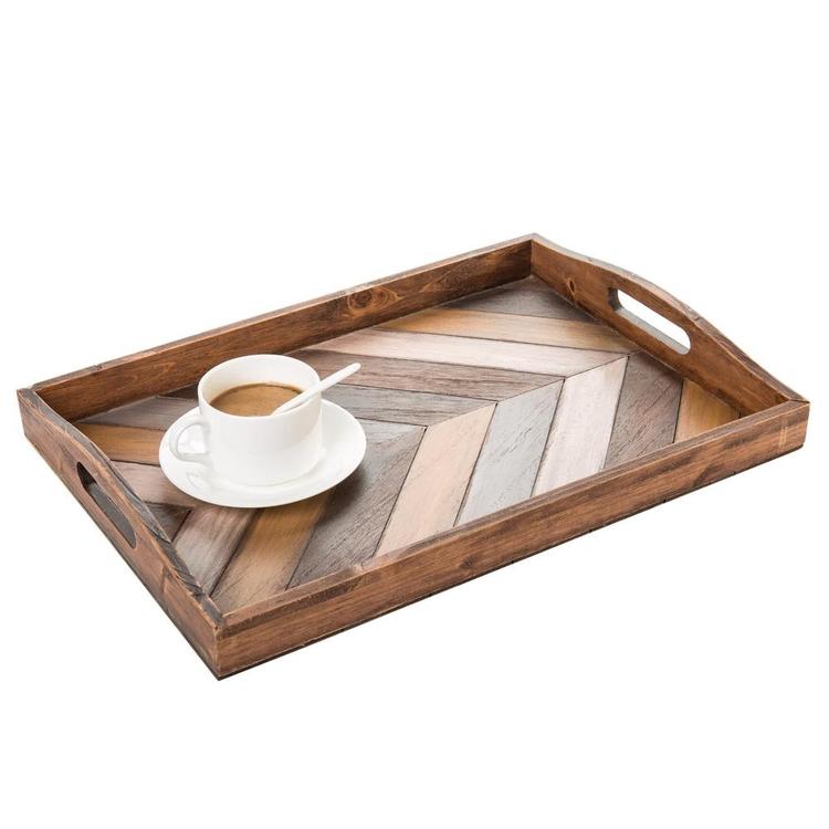 Rustic Chevron Rectangular Wood Breakfast Serving Tray with Cutout Handles - 16 x 12-Inch - Mygiftss Enterprise LLC