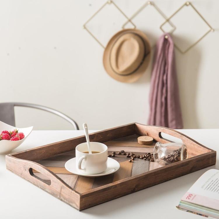 Rustic Chevron Rectangular Wood Breakfast Serving Tray with Cutout Handles - 16 x 12-Inch - Mygiftss Enterprise LLC