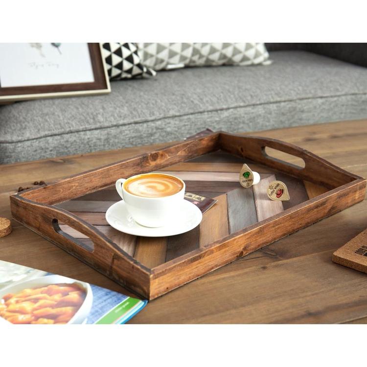 Rustic Chevron Rectangular Wood Breakfast Serving Tray with Cutout Handles - 16 x 12-Inch - Mygiftss Enterprise LLC
