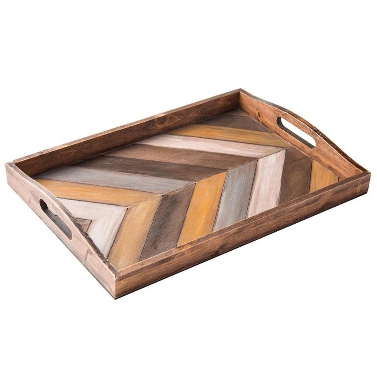 Rustic Chevron Rectangular Wood Breakfast Serving Tray with Cutout Handles - 16 x 12-Inch - Mygiftss Enterprise LLC