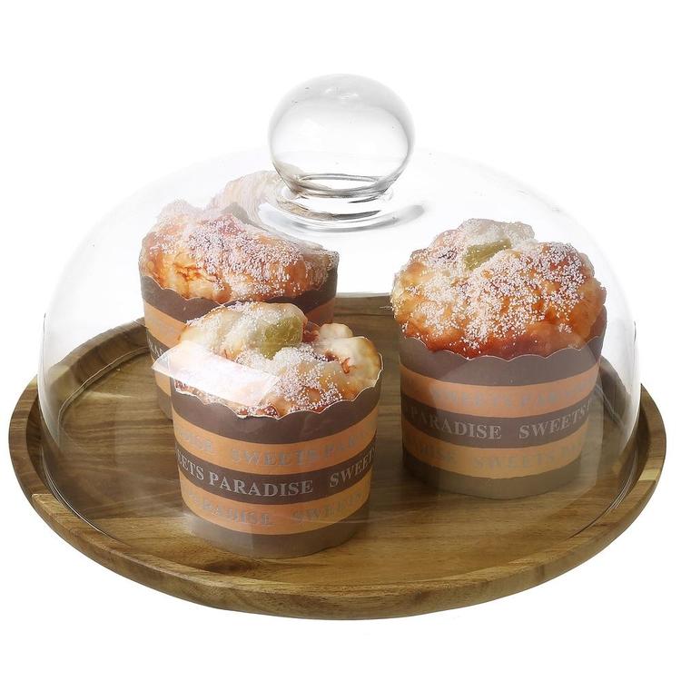 9 Inch Clear Glass Dessert & Cheese Cloche Dome with Acacia Wood Serving Tray - Mygiftss Enterprise LLC