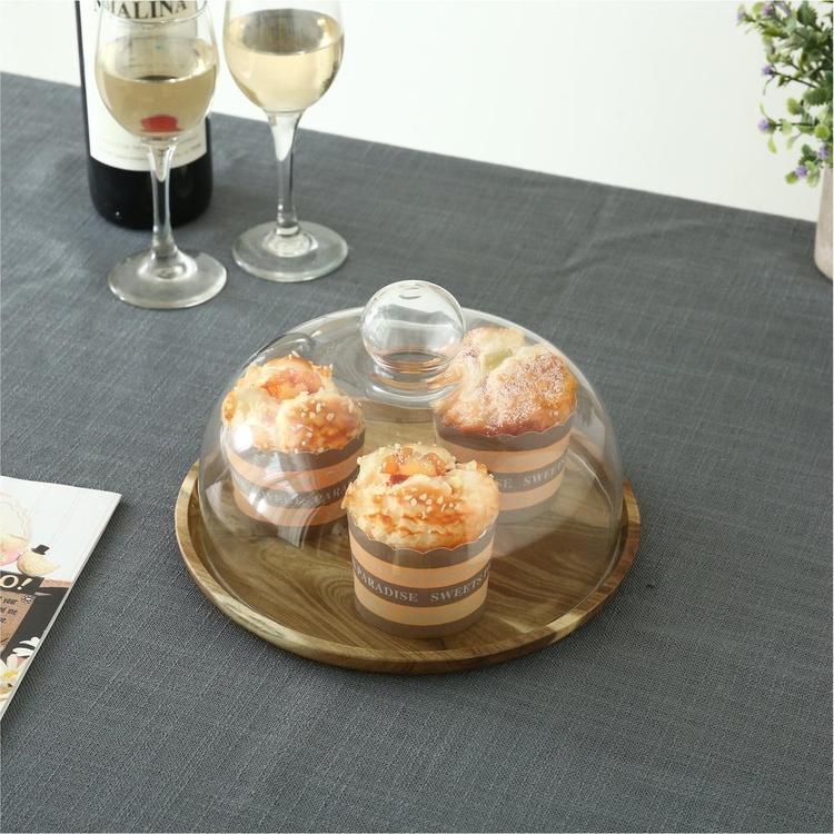 9 Inch Clear Glass Dessert & Cheese Cloche Dome with Acacia Wood Serving Tray - Mygiftss Enterprise LLC