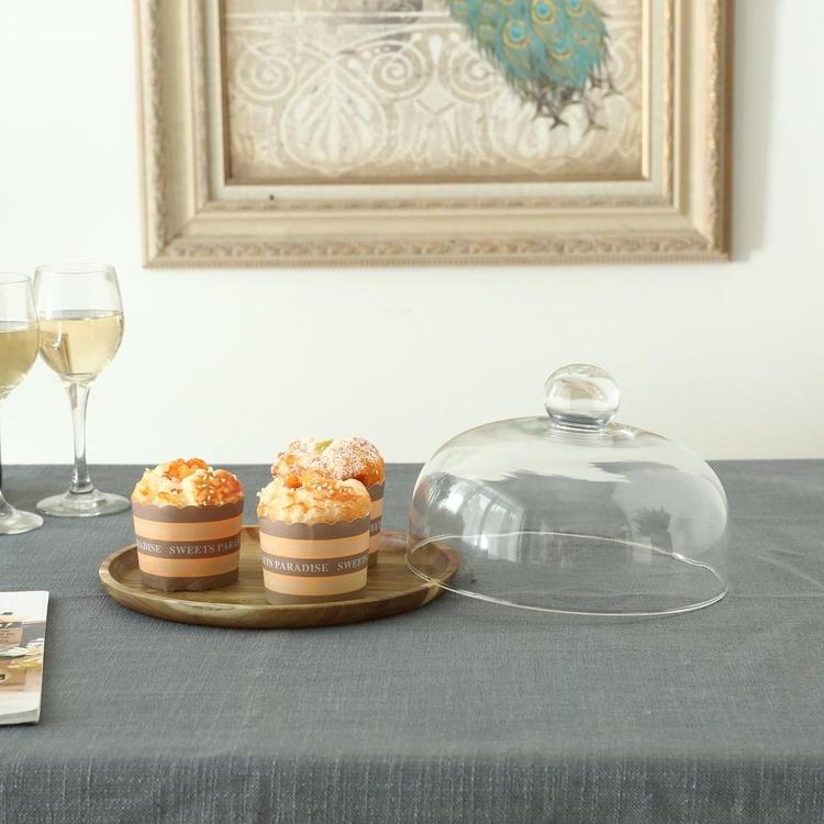 9 Inch Clear Glass Dessert & Cheese Cloche Dome with Acacia Wood Serving Tray - Mygiftss Enterprise LLC