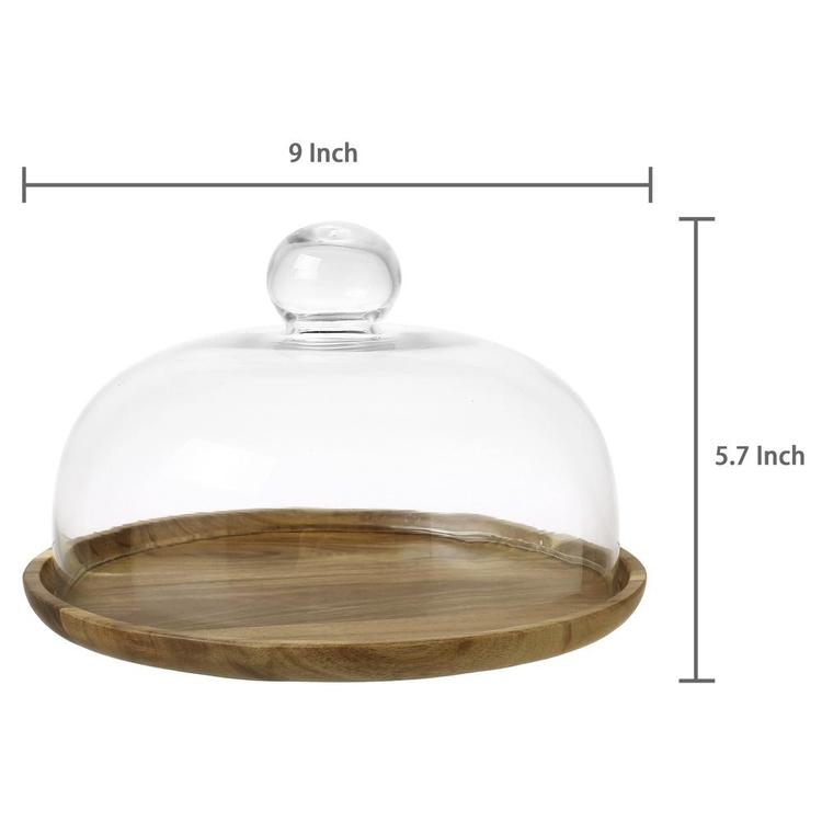 9 Inch Clear Glass Dessert & Cheese Cloche Dome with Acacia Wood Serving Tray - Mygiftss Enterprise LLC