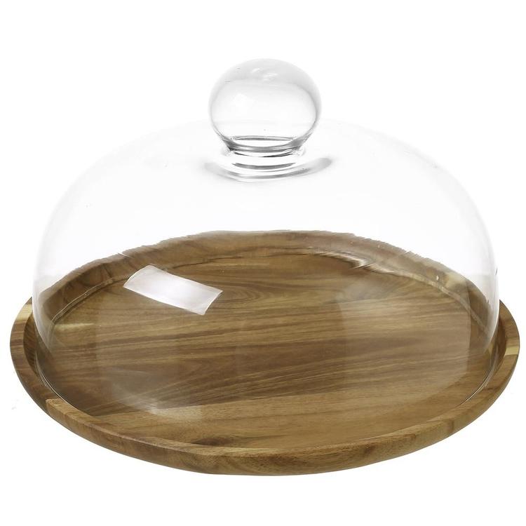 9 Inch Clear Glass Dessert & Cheese Cloche Dome with Acacia Wood Serving Tray - Mygiftss Enterprise LLC