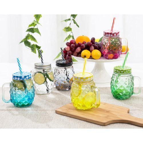 Colorful Pineapple-Shaped Mason Jar Mug Glasses with Straws & Lids, Set of 6 - Mygiftss