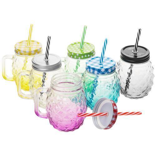 Colorful Pineapple-Shaped Mason Jar Mug Glasses with Straws & Lids, Set of 6 - Mygiftss