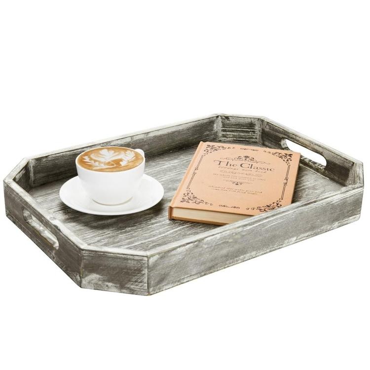 Country Rustic Wood Serving Tray with Cutout Handles and Angled Edges - Mygiftss Enterprise LLC