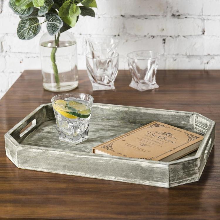 Country Rustic Wood Serving Tray with Cutout Handles and Angled Edges - Mygiftss Enterprise LLC