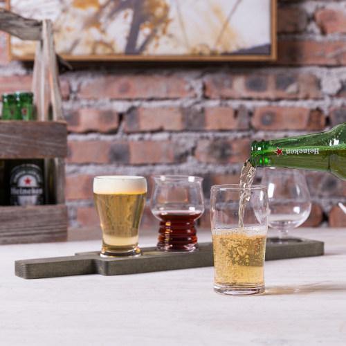 Craft Beer Tasting Flight Set with 4 Glasses & Gray Wood Paddle Serving Tray - Mygiftss