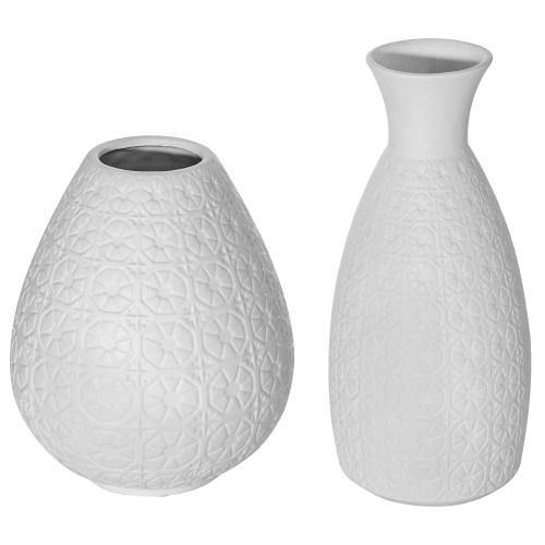 Elegant Matte White Art Deco Floral Embossed Ceramic Vase, Set of 2 - Mygiftss