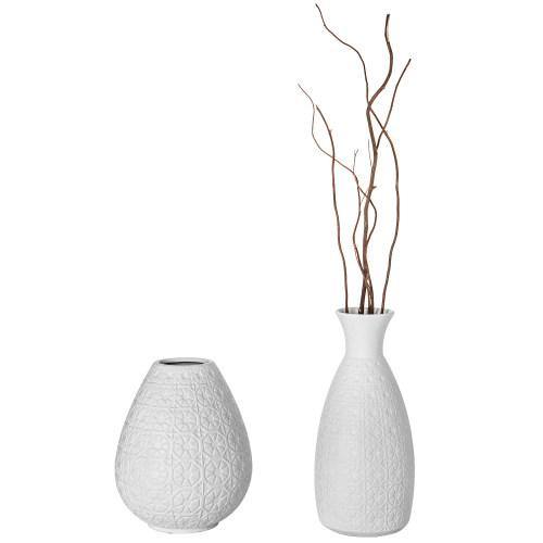 Elegant Matte White Art Deco Floral Embossed Ceramic Vase, Set of 2 - Mygiftss