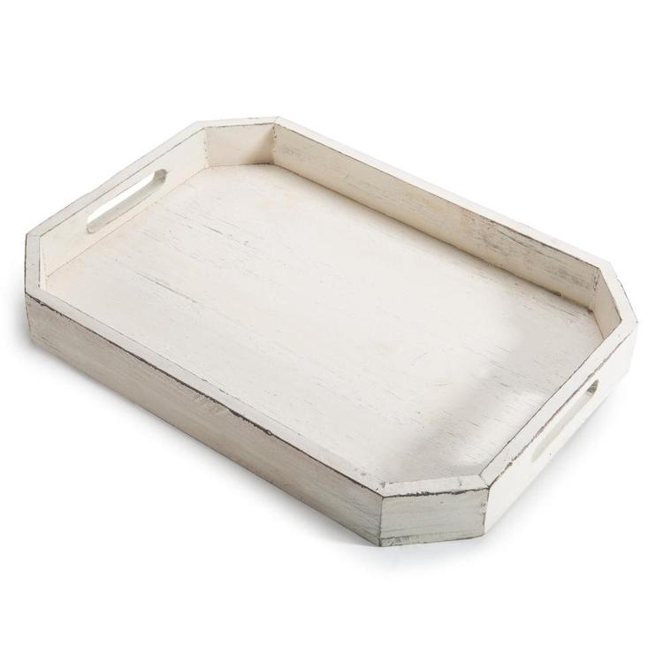 Rustic Whitewashed Wood Serving Tray with Cut-out Handles and Angled Edges - Mygiftss Enterprise LLC