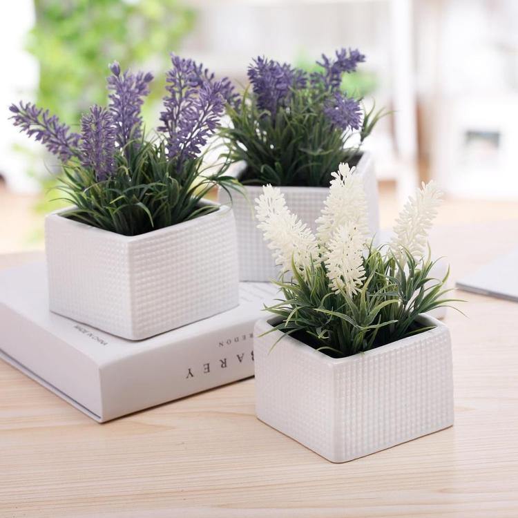 Faux Lavender Plants in White Ceramic Pots, Set of 3 - Mygiftss