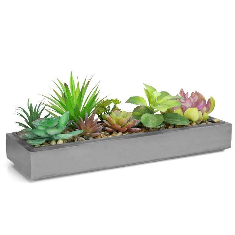 Faux Plant Arrangement in Modern Gray Clay Planter Tray - Mygiftss