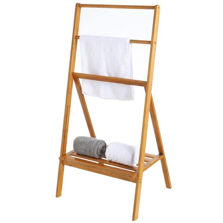 Freestanding Bamboo Towel Stand with Shelf, Natural Brown - Mygiftss