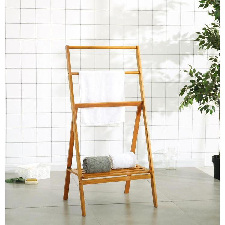 Freestanding Bamboo Towel Stand with Shelf, Natural Brown - Mygiftss