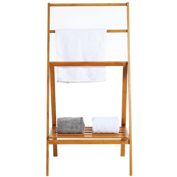 Freestanding Bamboo Towel Stand with Shelf, Natural Brown - Mygiftss