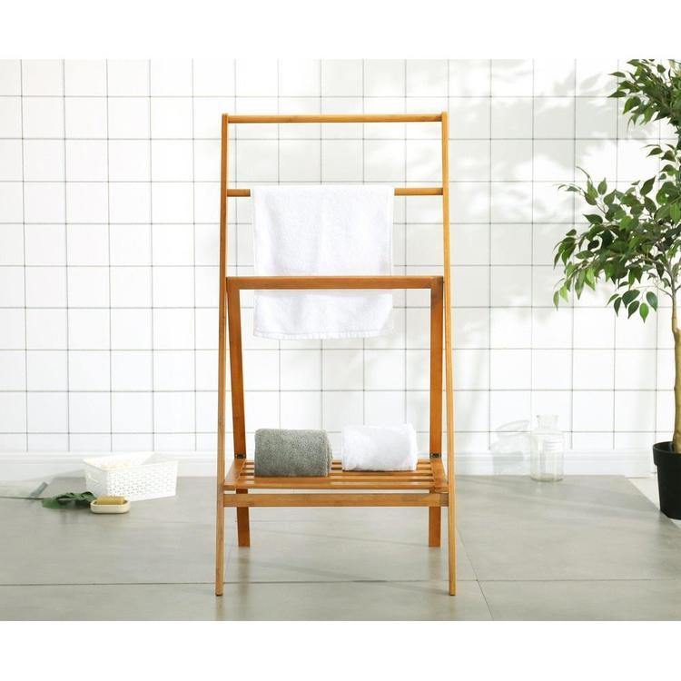 Freestanding Bamboo Towel Stand with Shelf, Natural Brown - Mygiftss