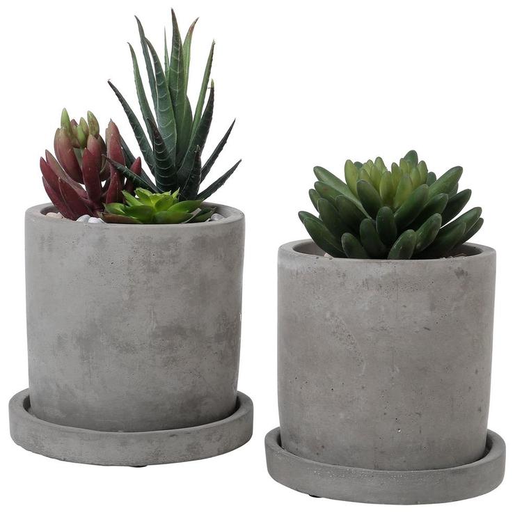 Modern 4-Inch Gray Unglazed Cement Planter Pots with Removable Saucers, Set of 2 - Mygiftss Enterprise LLC
