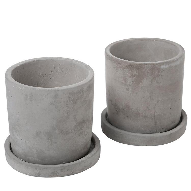 Modern 4-Inch Gray Unglazed Cement Planter Pots with Removable Saucers, Set of 2 - Mygiftss Enterprise LLC