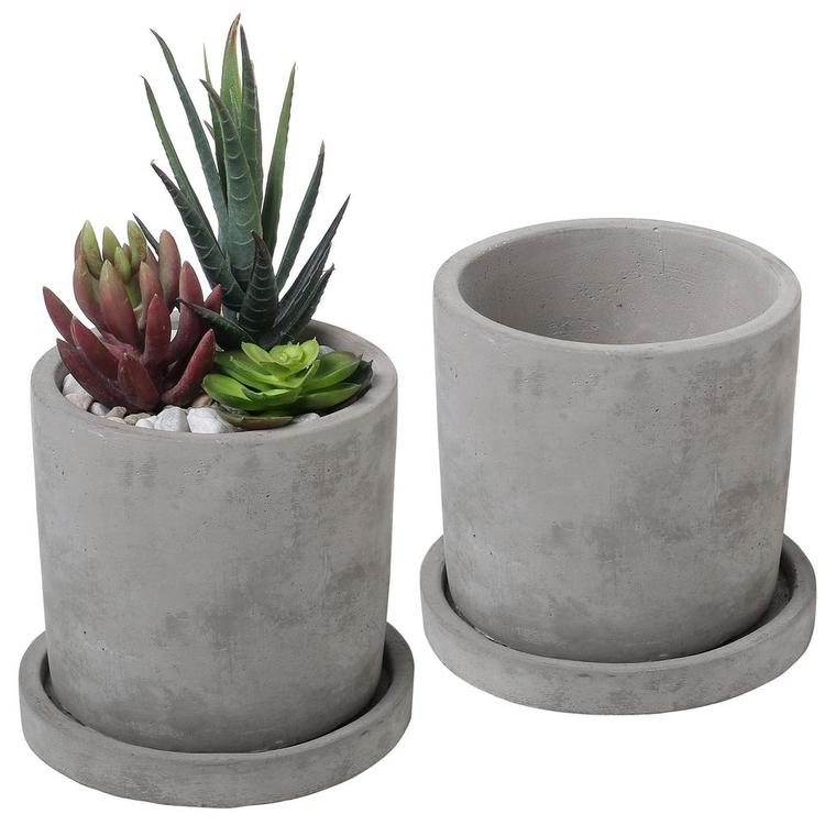 Modern 4-Inch Gray Unglazed Cement Planter Pots with Removable Saucers, Set of 2 - Mygiftss Enterprise LLC