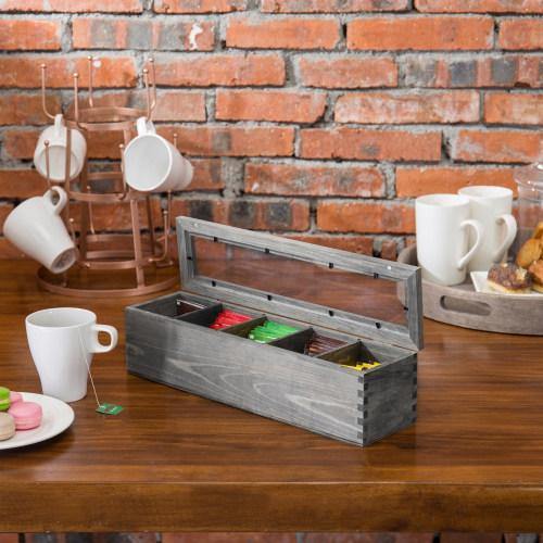 Gray Solid Wood 5-Compartment Tea Bag Box - Mygiftss