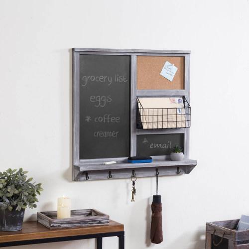 Gray Wood Chalkboard/Cork Board with Mail Basket, Shelf, and 5 Key Hooks - Mygiftss