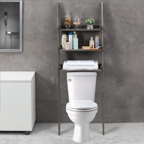 Gray Wood Over-The-Toilet Ladder Shelf - Mygiftss
