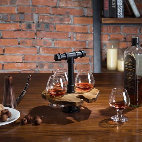Industrial Pipe & Burnt Wood Beer/Whiskey Flight Set with 4 Glasses - Mygiftss