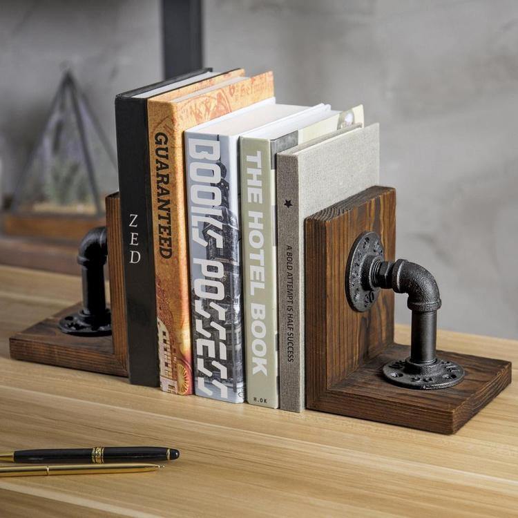 Industrial Pipe & Brown Wood Bookends - Mygiftss