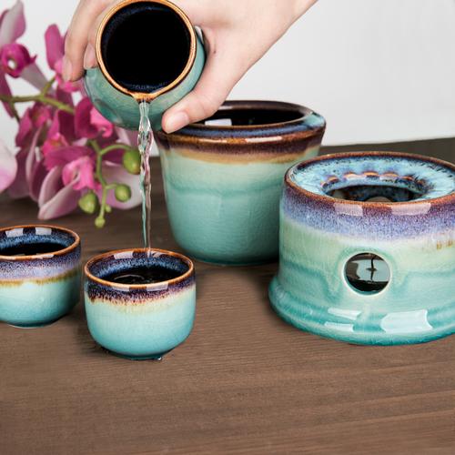 Japanese Style Ceramic Sake Serving Gift Set with Warmer, 7 Pcs, Purple - Mygiftss Enterprise LLC