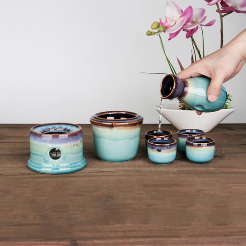 Japanese Style Ceramic Sake Serving Gift Set with Warmer, 7 Pcs, Purple - Mygiftss Enterprise LLC