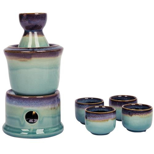Japanese Style Ceramic Sake Serving Gift Set with Warmer, 7 Pcs, Purple - Mygiftss Enterprise LLC