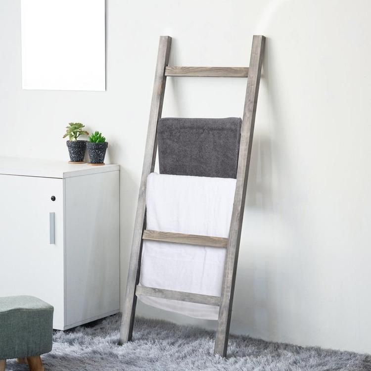 Wall-Leaning Rustic Gray Wood Ladder-Style Blanket Rack - Mygiftss Enterprise LLC