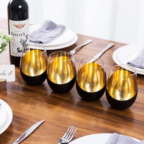 Matte Black & Gold Stemless Wine Glasses, Set of 4 - Mygiftss