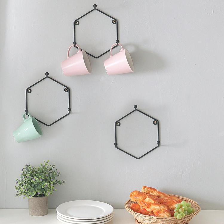 Wall Mounted 3-Hook Modern Matte Black Geometric Metal Mug Rack Holder, Set of 3 - Mygiftss Enterprise LLC