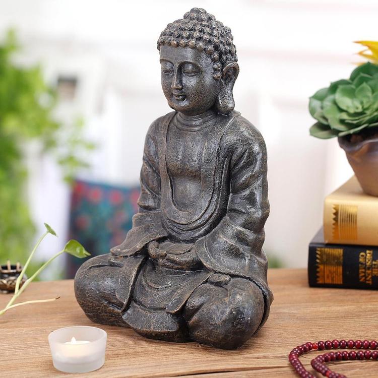 12 Inch Meditating Seated Buddha Statue Figurine with Rustic Gray Finish - Mygiftss Enterprise LLC