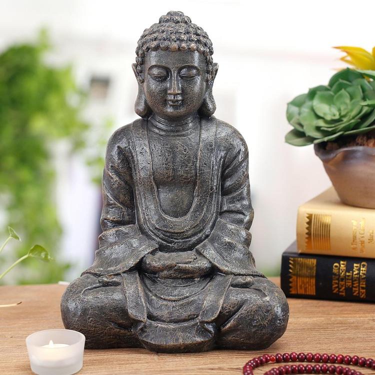 12 Inch Meditating Seated Buddha Statue Figurine with Rustic Gray Finish - Mygiftss Enterprise LLC