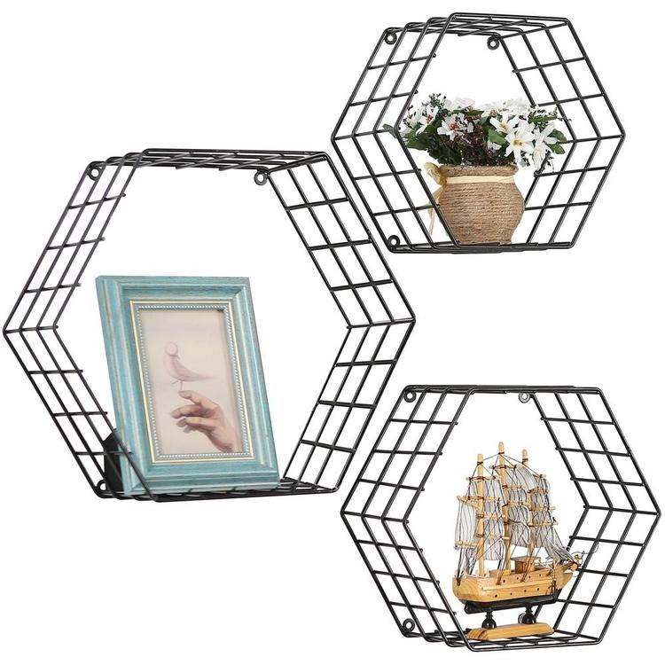 Metal Wire Hexagon Design Wall-Mounted Shelves, Set of 3, Black - Mygiftss Enterprise LLC