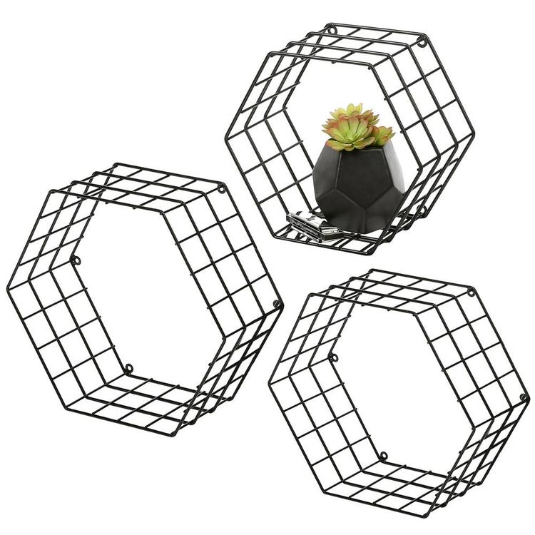 Metal Wire Hexagon Design Wall-Mounted Shelves, Set of 3, Black - Mygiftss Enterprise LLC