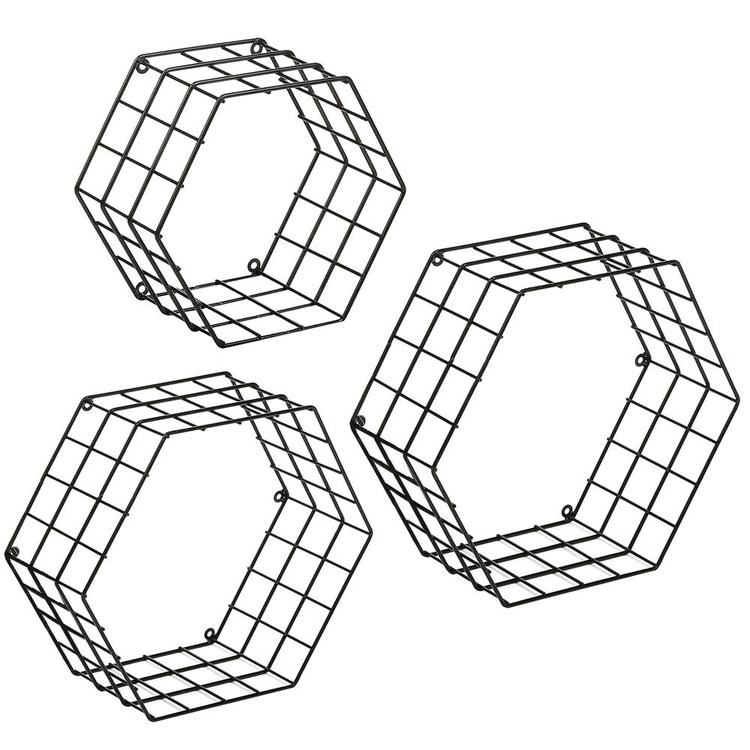Metal Wire Hexagon Design Wall-Mounted Shelves, Set of 3, Black - Mygiftss Enterprise LLC