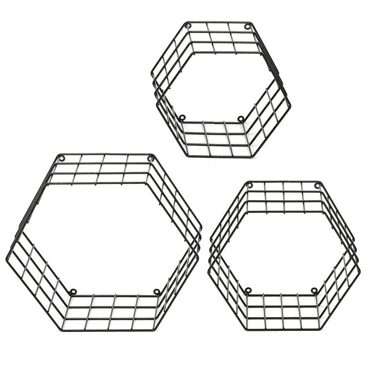 Metal Wire Hexagon Design Wall-Mounted Shelves, Set of 3, Black - Mygiftss Enterprise LLC