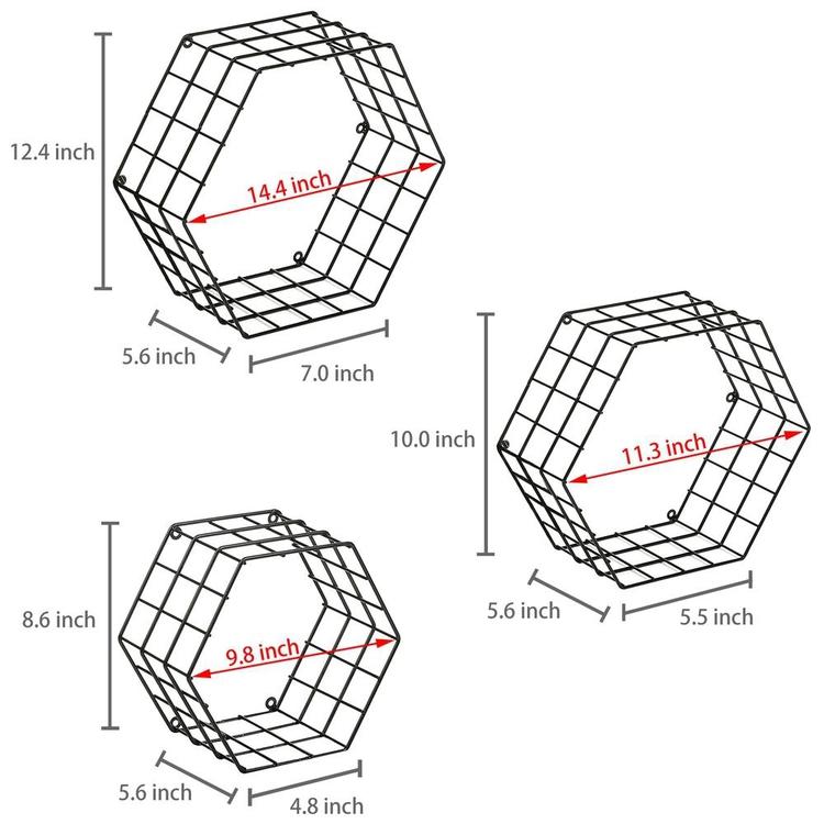 Metal Wire Hexagon Design Wall-Mounted Shelves, Set of 3, Black - Mygiftss Enterprise LLC