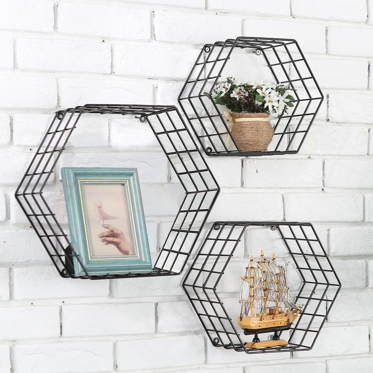 Metal Wire Hexagon Design Wall-Mounted Shelves, Set of 3, Black - Mygiftss Enterprise LLC